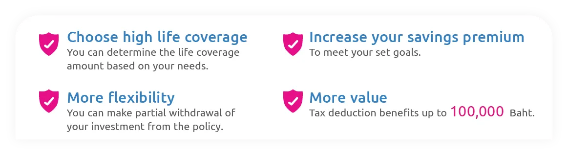 Choose high life coverage You can determine the life coverage amount based on your needs. More flexibility You can make partial withdrawal of your investment from the policy. Increase your savings premium To meet your set goals. More value Tax deduction benefits up to 100,000 Baht.