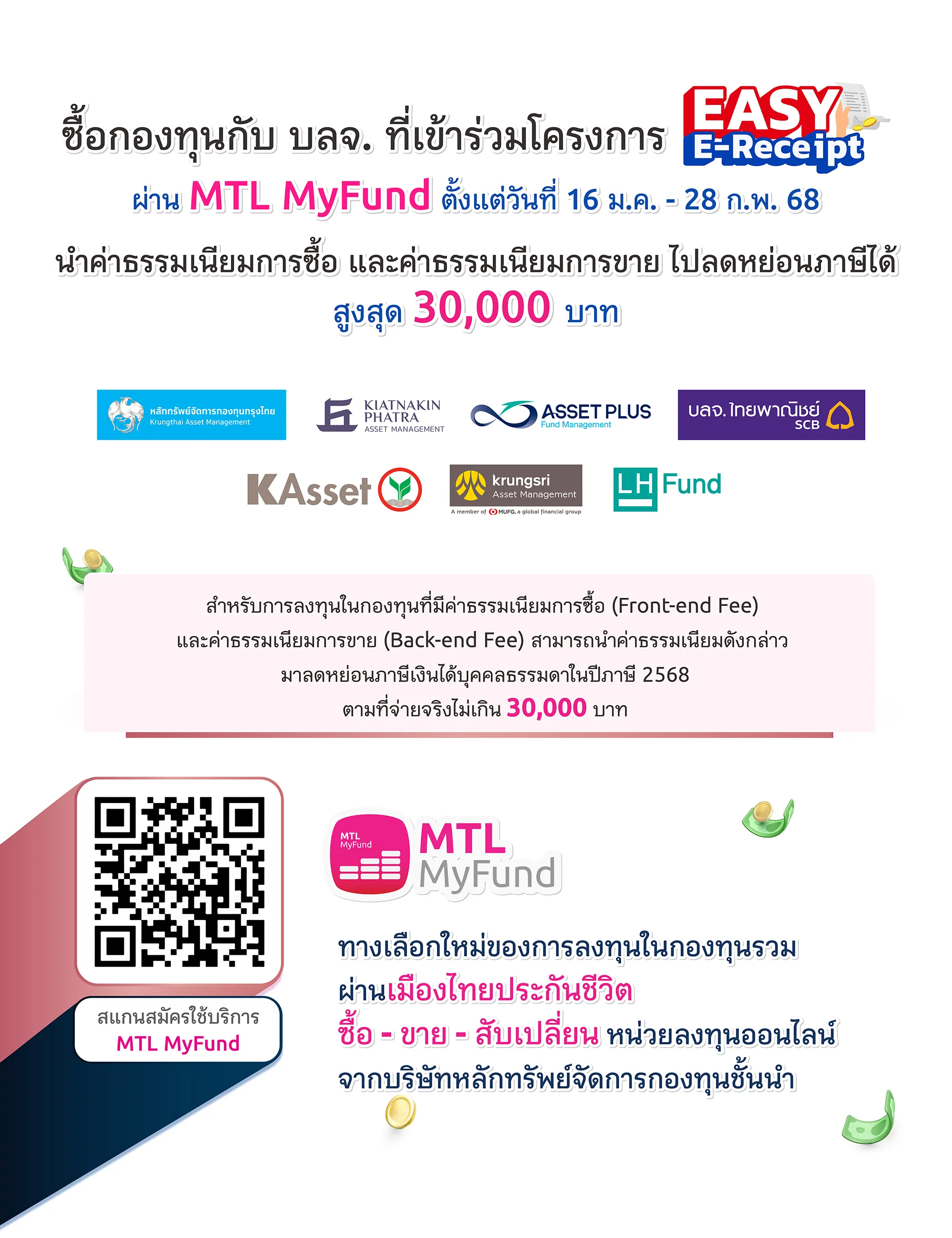 ซื้อกองทุนกับ บลจ. ที่เข้าร่วมโครงการ EASY E-Receipt 2.0 รับสิทธิ์ลดหย่อนภาษีสูงสุด 30,000 บาท