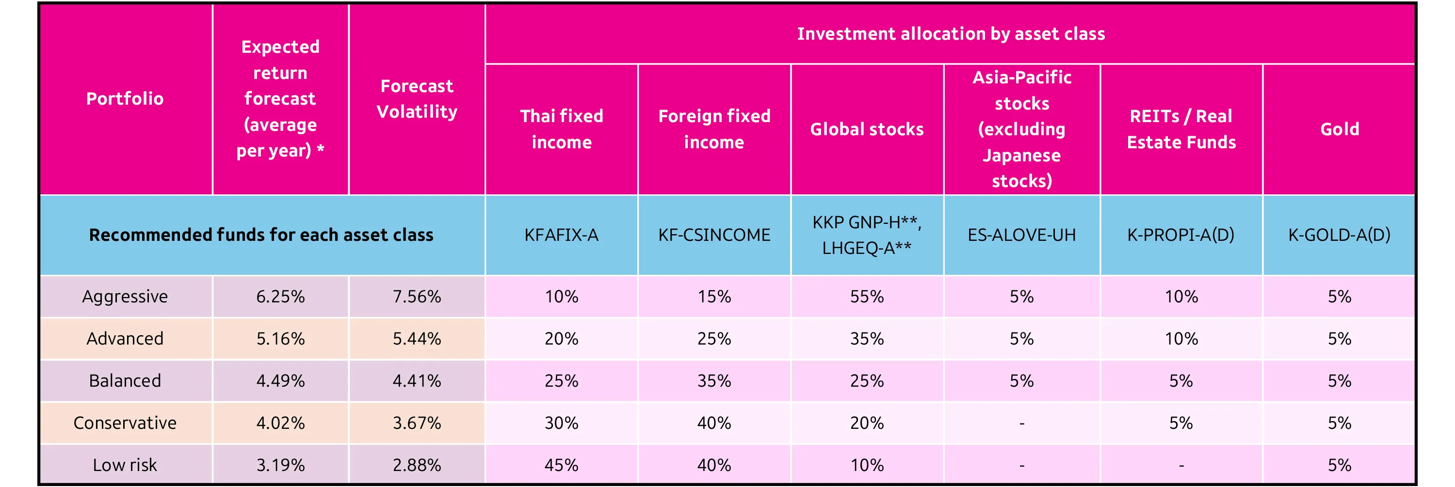 Table showing expected returns and investment allocation for 2026