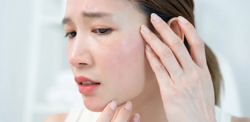 ผื่นแดงขึ้นหน้า มีลักษณะเป็นตุ่มเล็ก ๆ บริเวณผิวหน้า