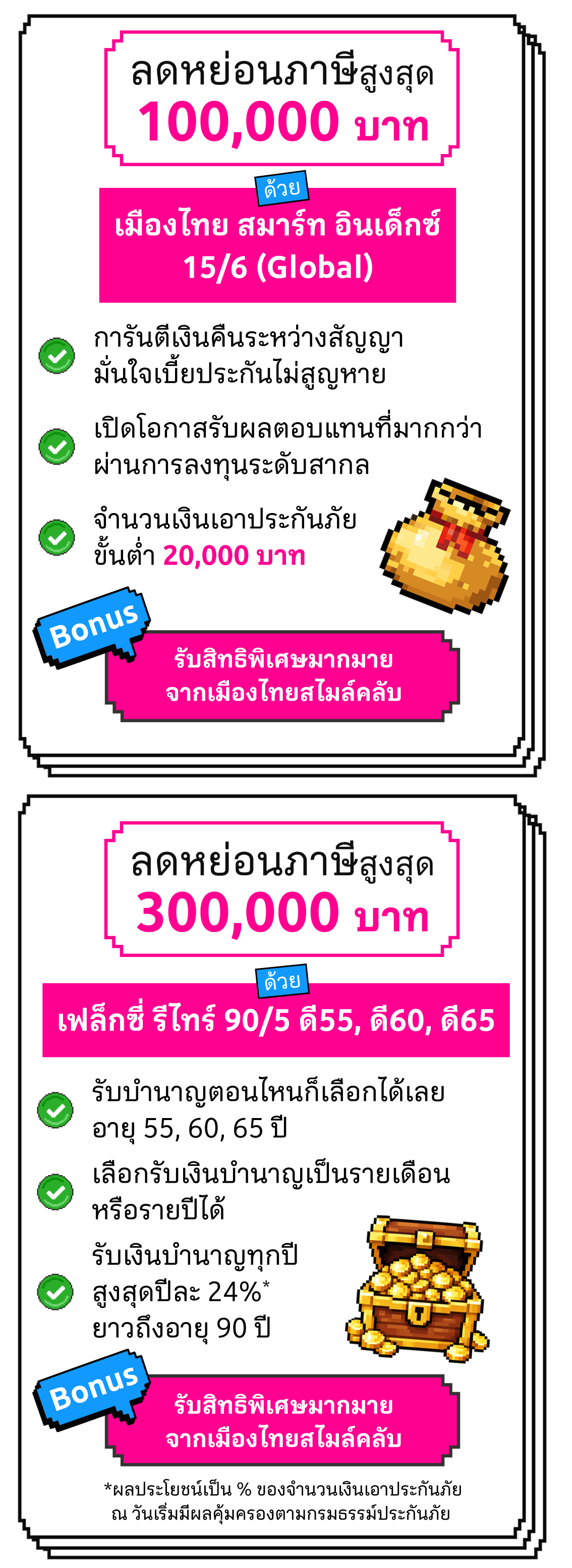 ลดหย่อนภาษีด้วยแบบประกัน เมืองไทย สมาร์ท อินเด็กซ์ 15/6 (Global),เฟล็กซี่ รีไทร์ 90/5, ดี 55, ดี 60, ดี 65